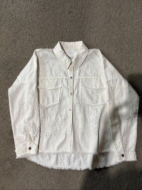 Zara women eyelet oversized jean jacket spring.
